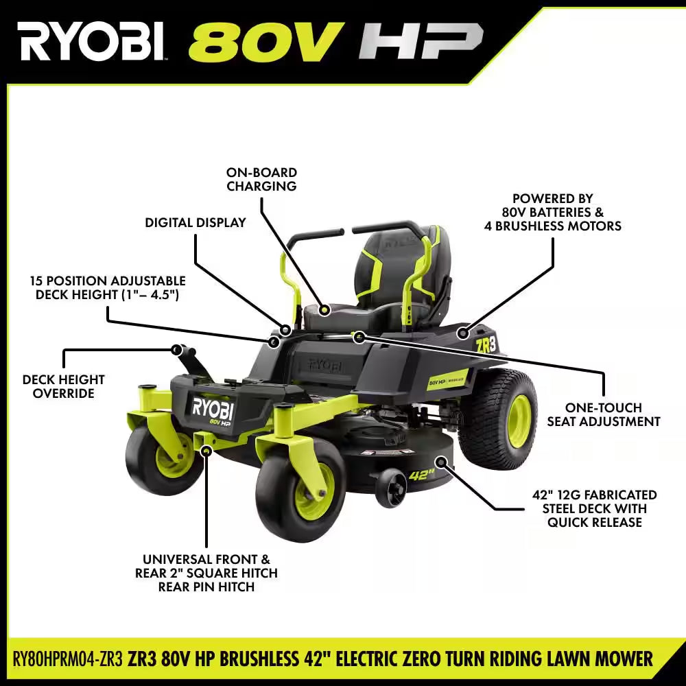 ZR3 80V HP Brushless Battery Cordless Electric 42 In. Zero Turn Riding Lawn Mower with (2) 14.0 Ah Batteries and Charger