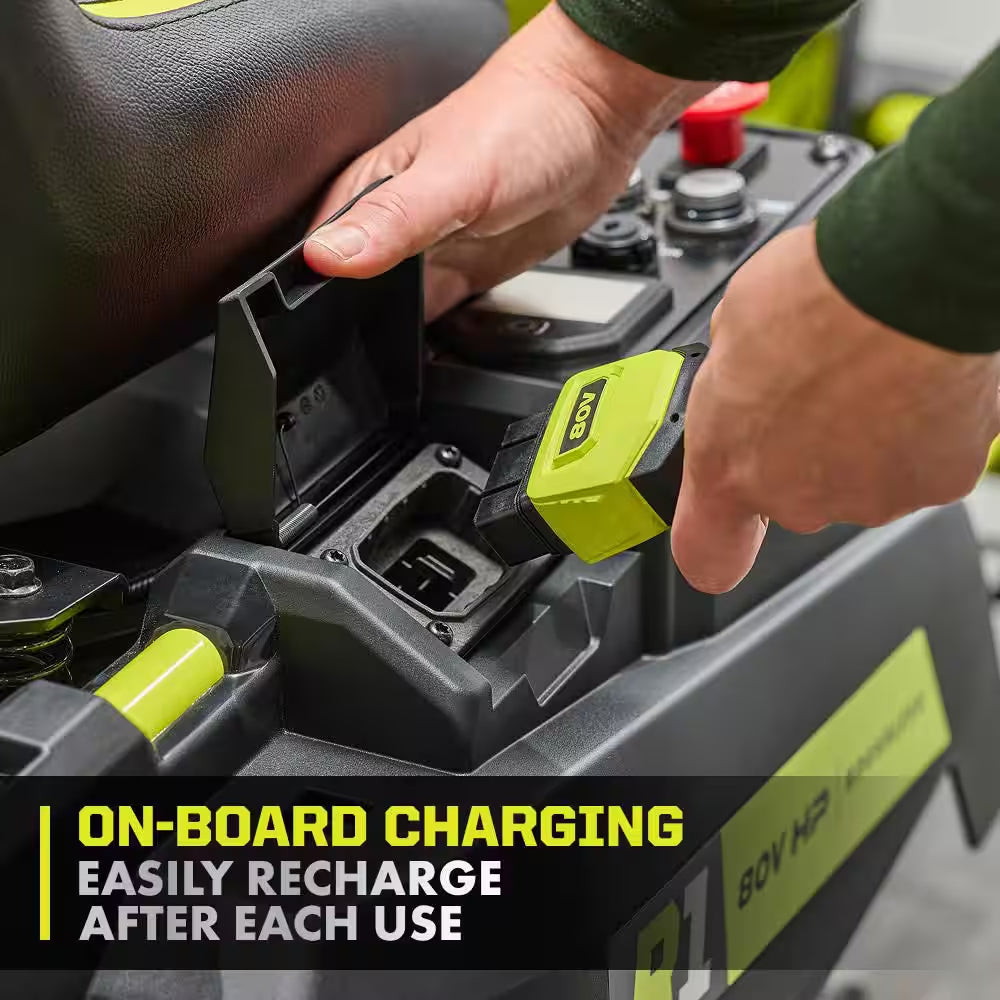 R1 80V HP Brushless Battery Cordless Electric 30 In. Riding Mower with Bagger, 14.0 Ah Battery and Charger