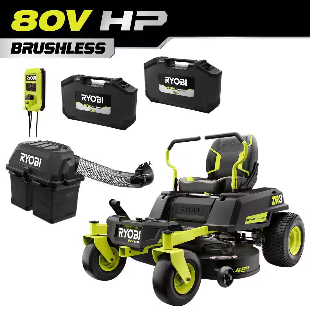 ZR3 80V HP Brushless 42 In. Electric Cordless ZTR Mower W/ Seat Suspension, Armrests, & Headlight-Batteries & Charger