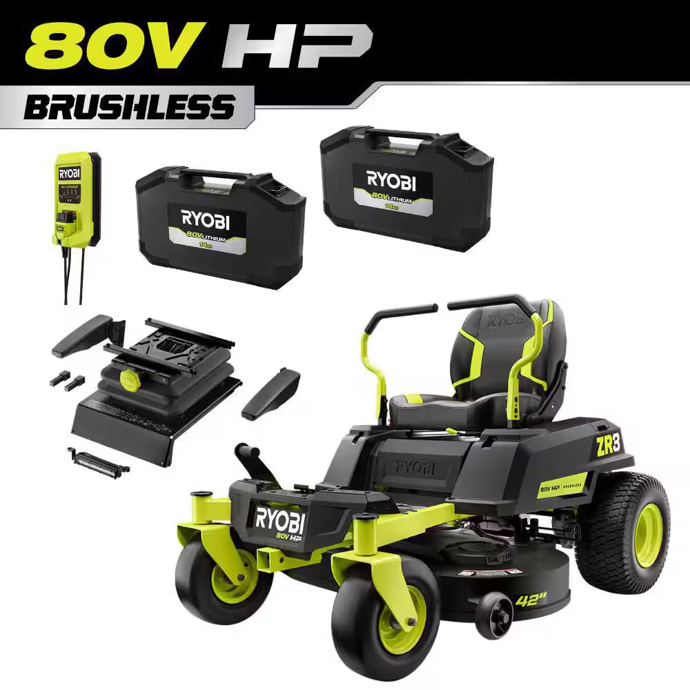 80V HP Brushless 42" Battery Electric Cordless Zero Turn Riding Mower W/ Bagging Kit, (2) 14.0 Ah Batteries and Charger